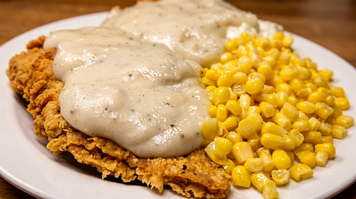 Crispy fried chicken steak covered in creamy gravy, served with a side of bright yellow corn.