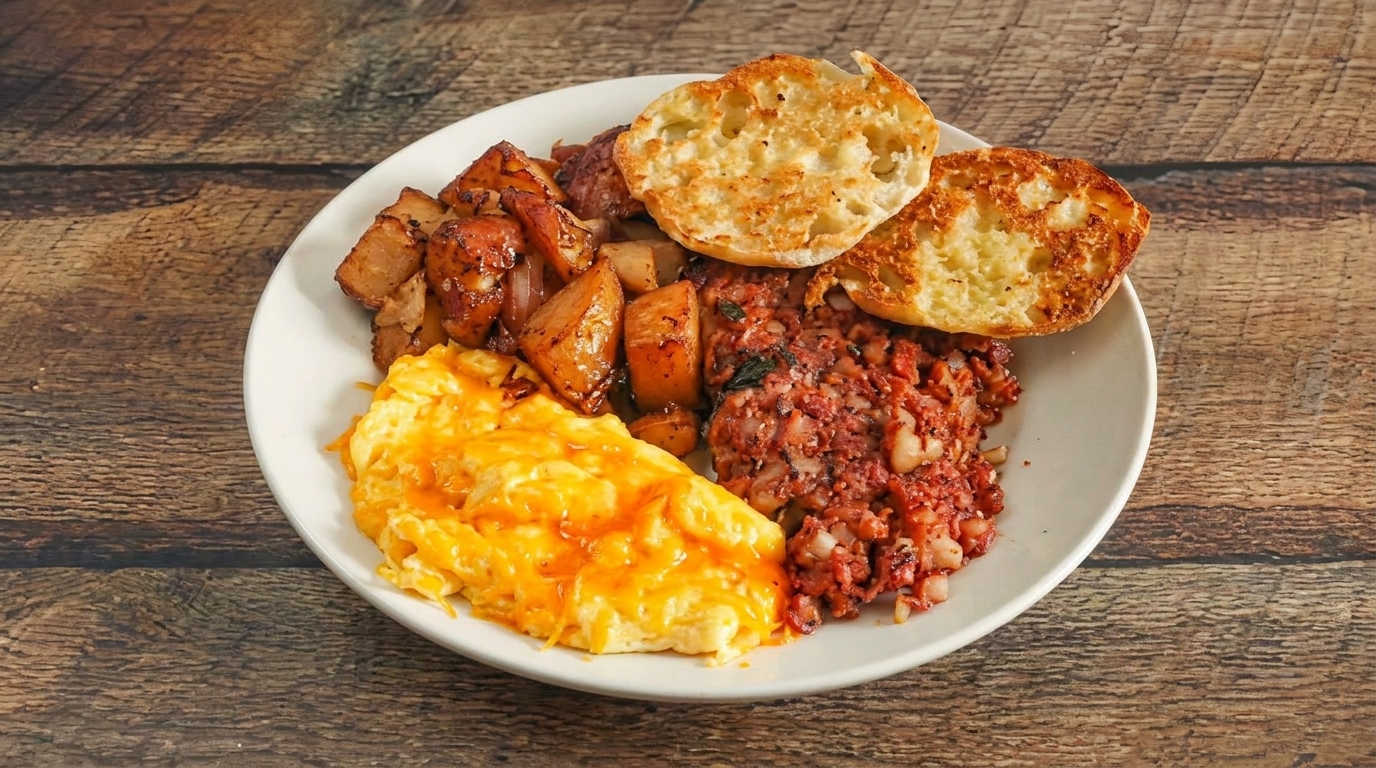 A breakfast plate with cheesy scrambled eggs, home fries, corned beef hash, and toasted English muffins.
