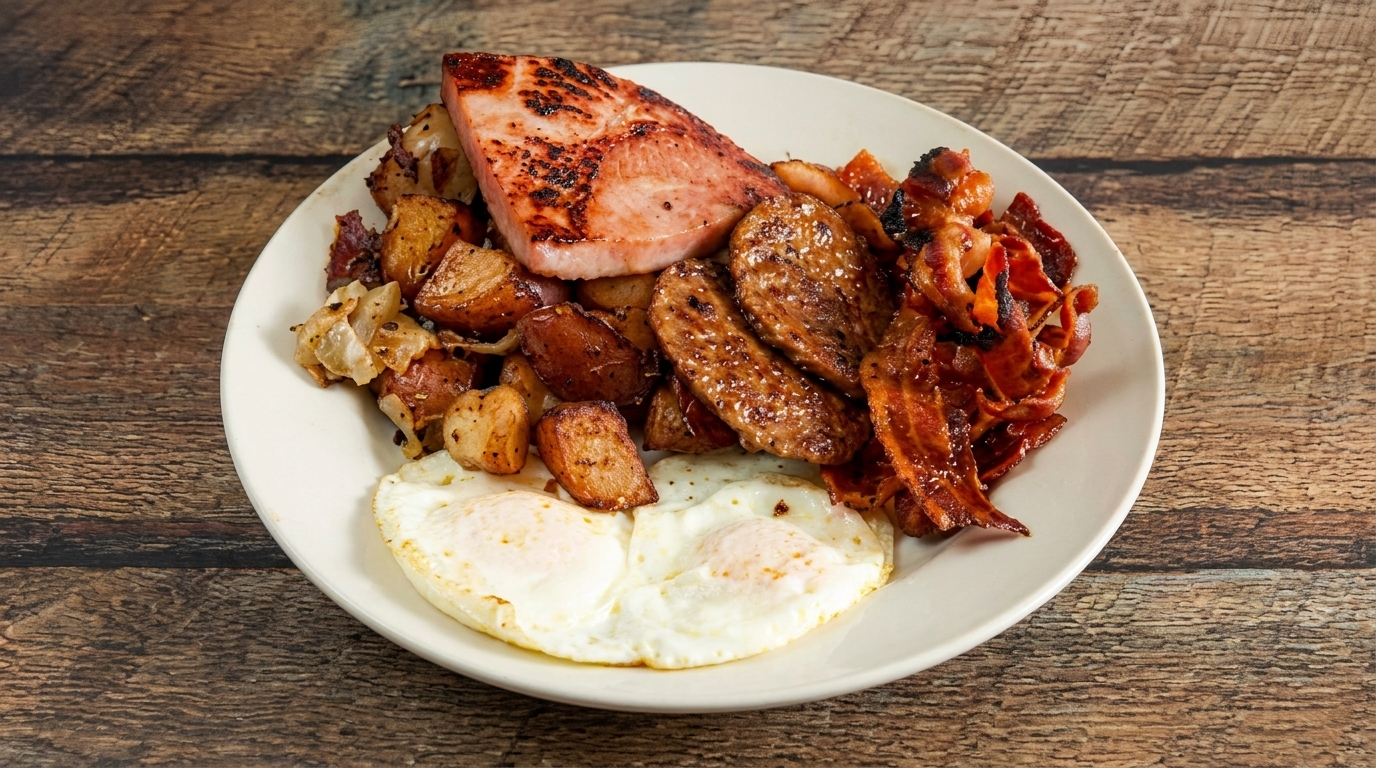 Hearty breakfast plate with fried eggs, bacon, sausage, ham, and roasted potatoes on a wooden table.