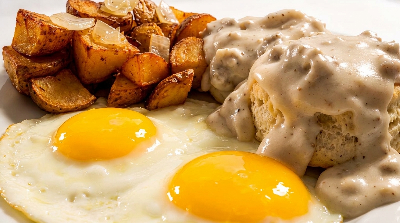 A breakfast plate with two fried eggs, golden home fries, and biscuits smothered in gravy.