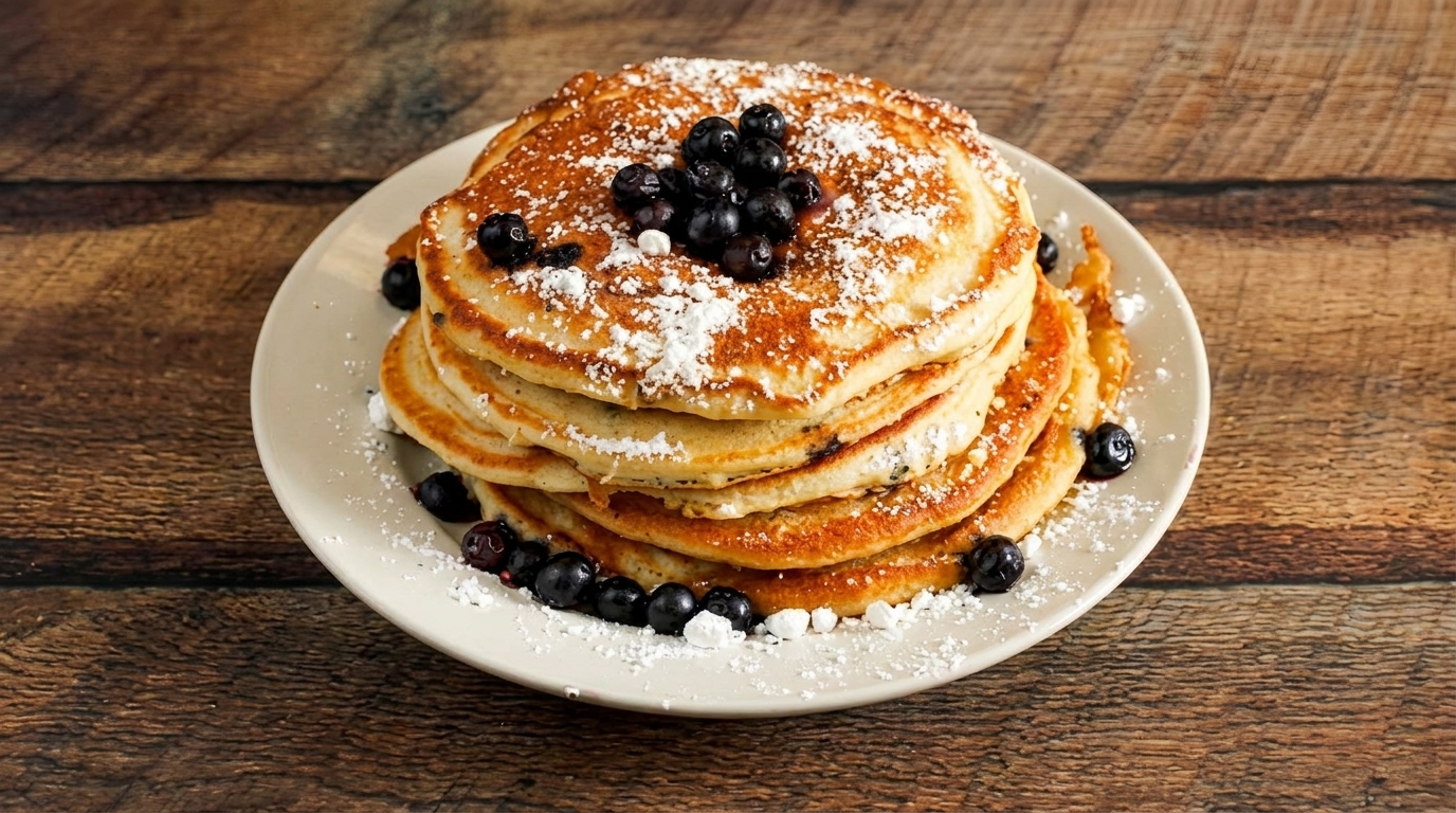Stack of blueberry pancakes dusted with powdered sugar, on a white plate and rustic wooden table.
