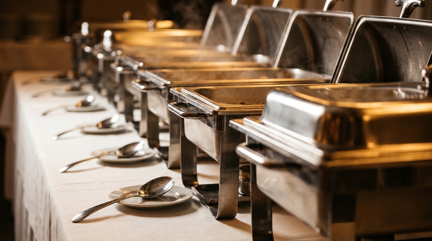 Steaming chafing dishes on a buffet table with plates and spoons, ready for serving.