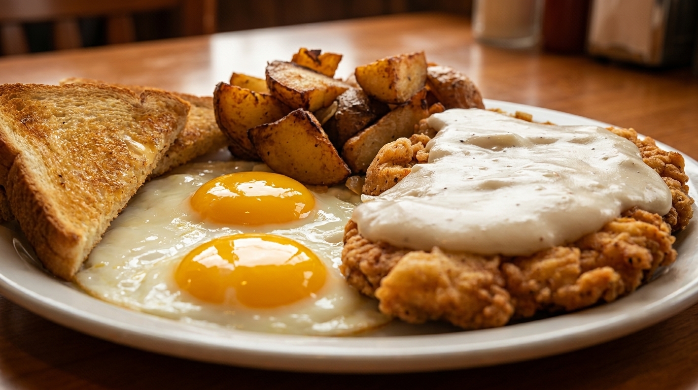A breakfast plate with chicken fried steak, gravy, two fried eggs, home fries, and toast.