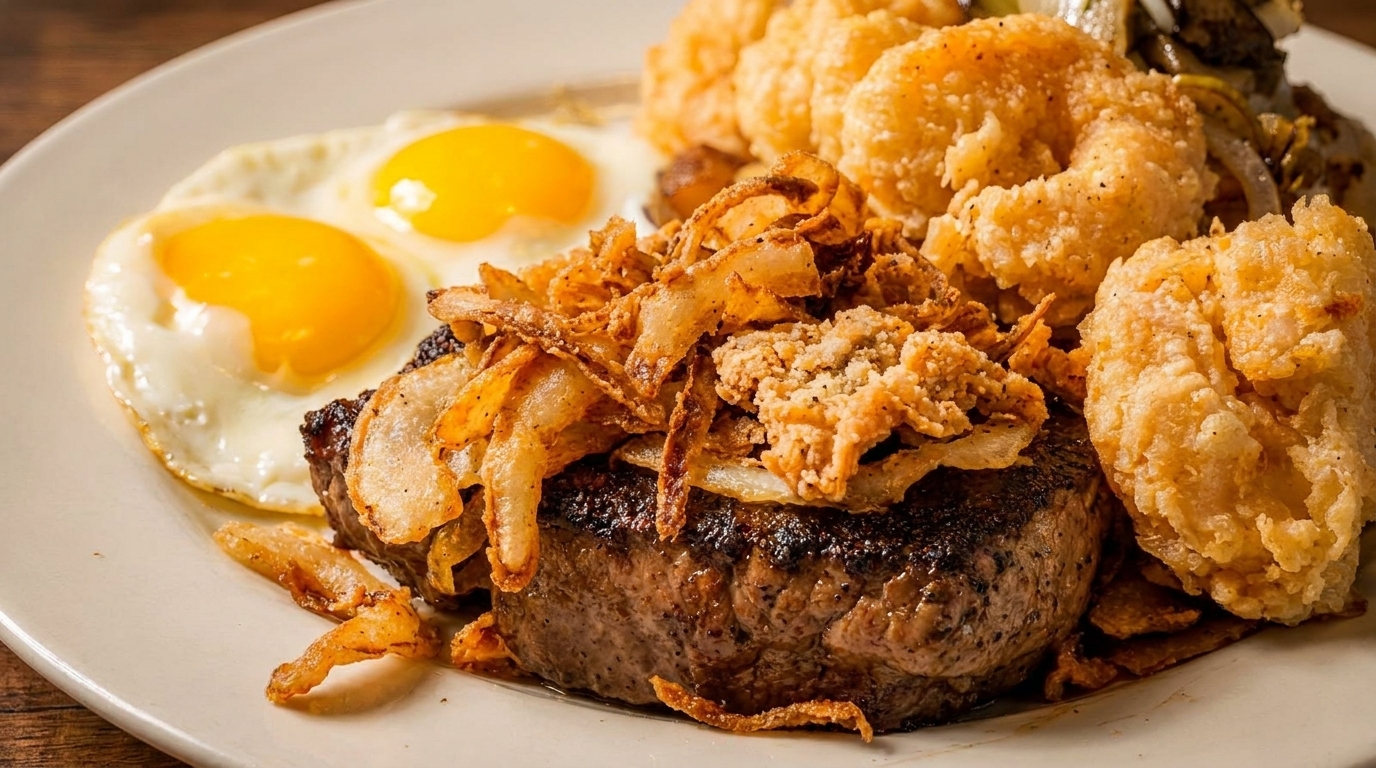 Grilled steak topped with crispy fried onions, served with two fried eggs and fried shrimp.
