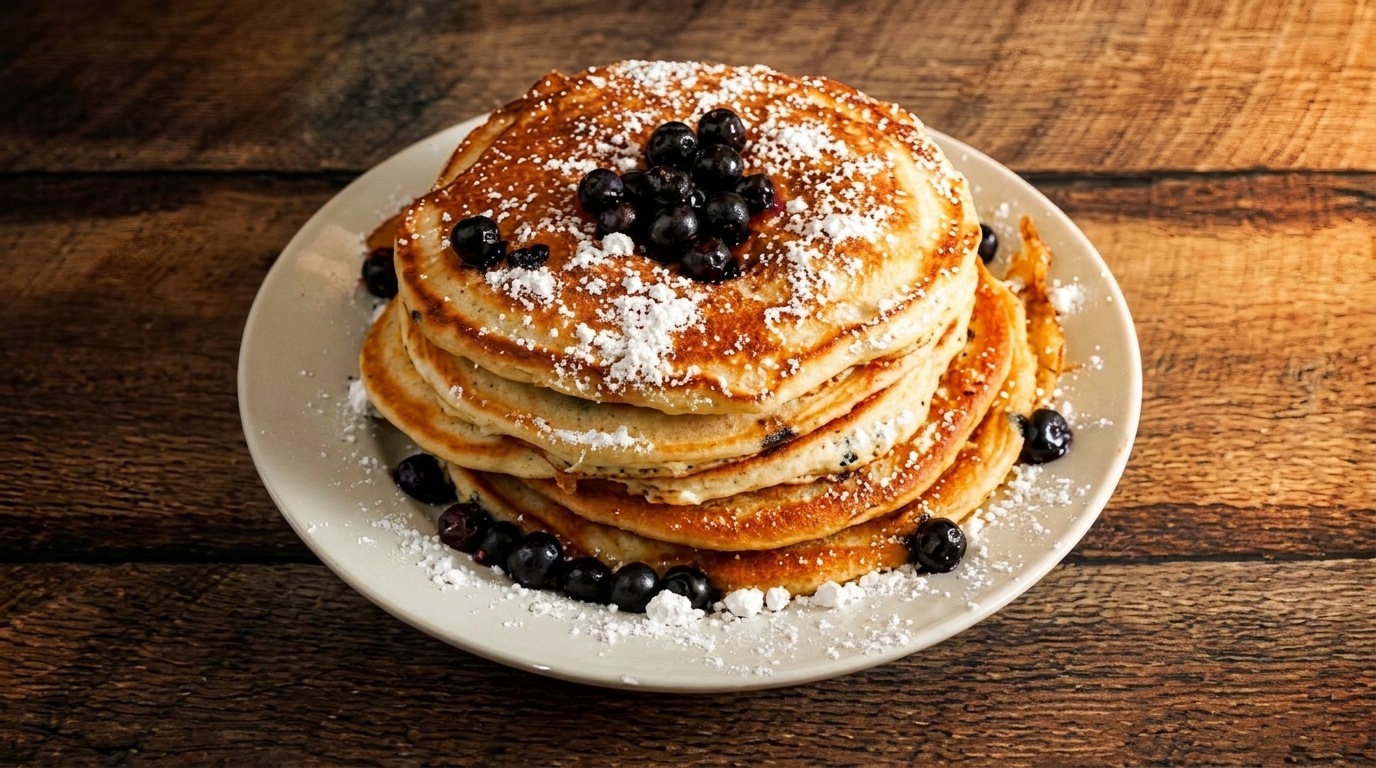 Stack of blueberry pancakes dusted with powdered sugar on a white plate, on a wooden table.