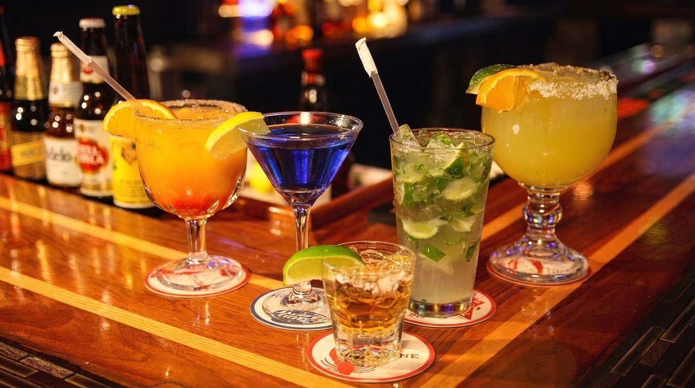 Colorful cocktails, including a margarita, mojito, and blue martini, on a polished wooden bar.