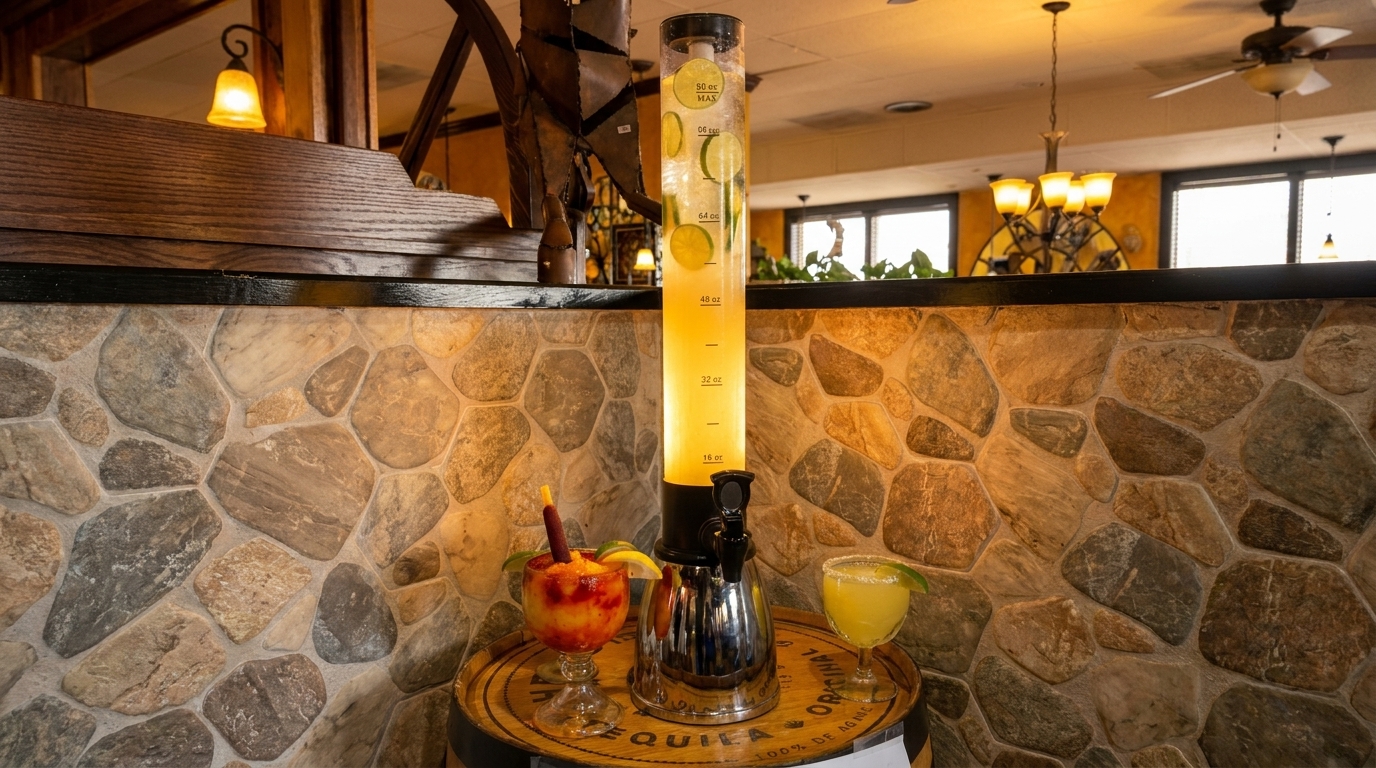 A tall drink dispenser with lime slices and two margaritas on a wooden barrel.