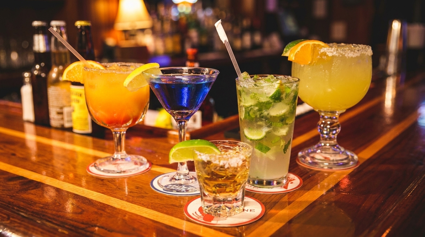 Assortment of colorful cocktails, including margaritas, a mojito, and a blue martini, on a wooden bar.