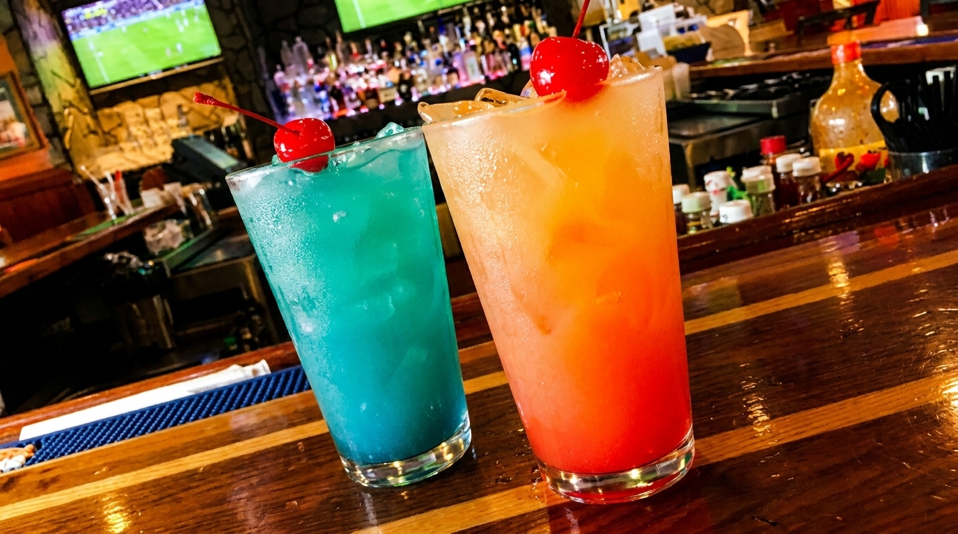 Two vibrant cocktails, one blue and one orange, garnished with cherries on a wooden bar top.