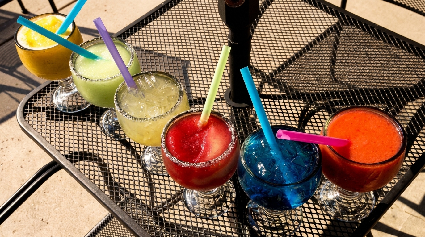 Six colorful margaritas in various flavors and colors on a black mesh outdoor table.