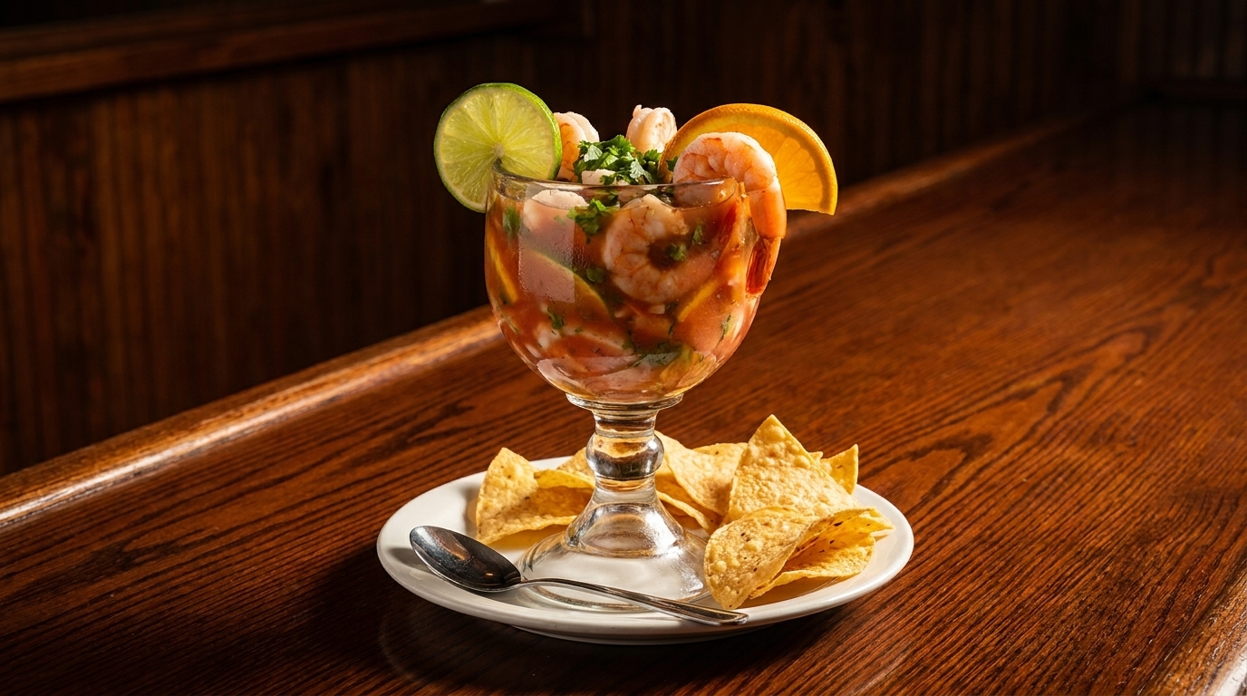 Shrimp cocktail in a goblet with lime, orange, and cilantro, served with tortilla chips.
