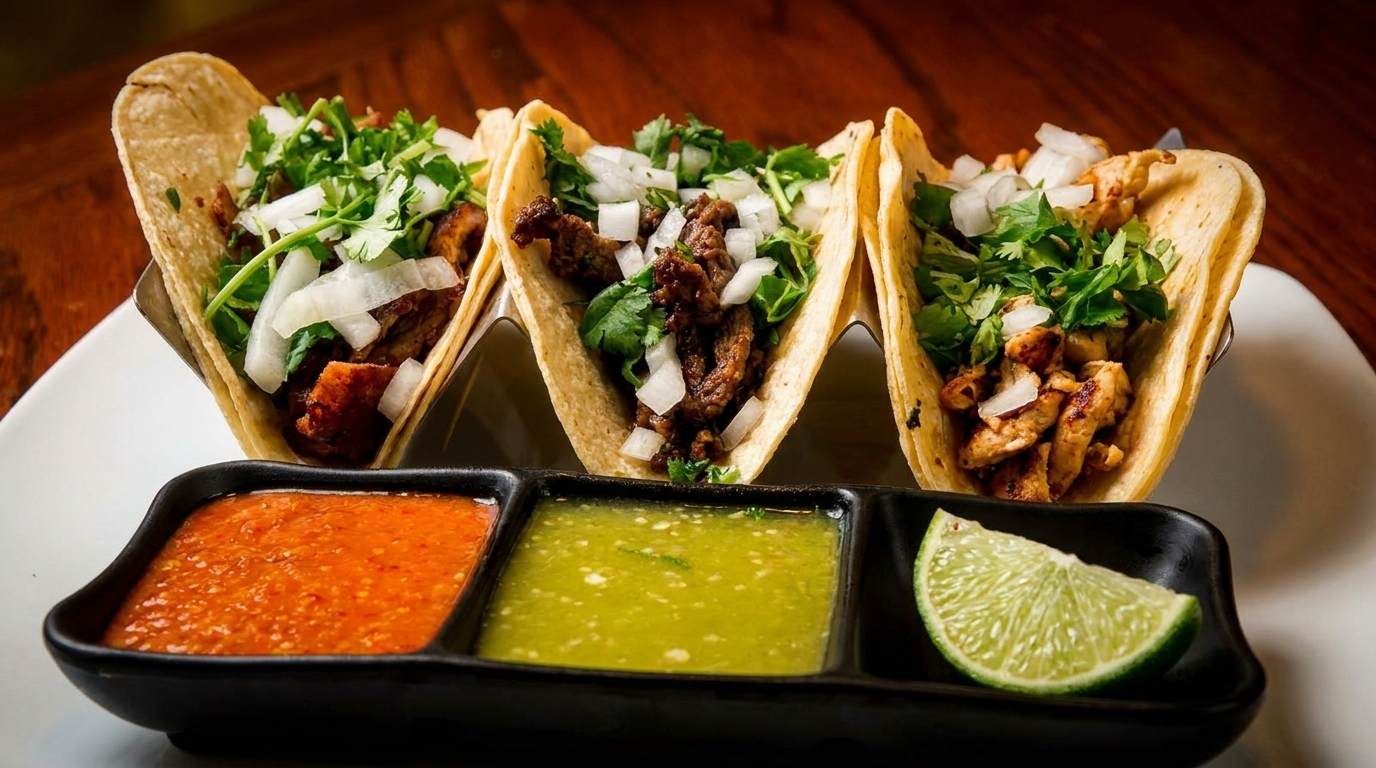 Three tacos with various fillings, cilantro, and onions, served with two salsas and a lime wedge.