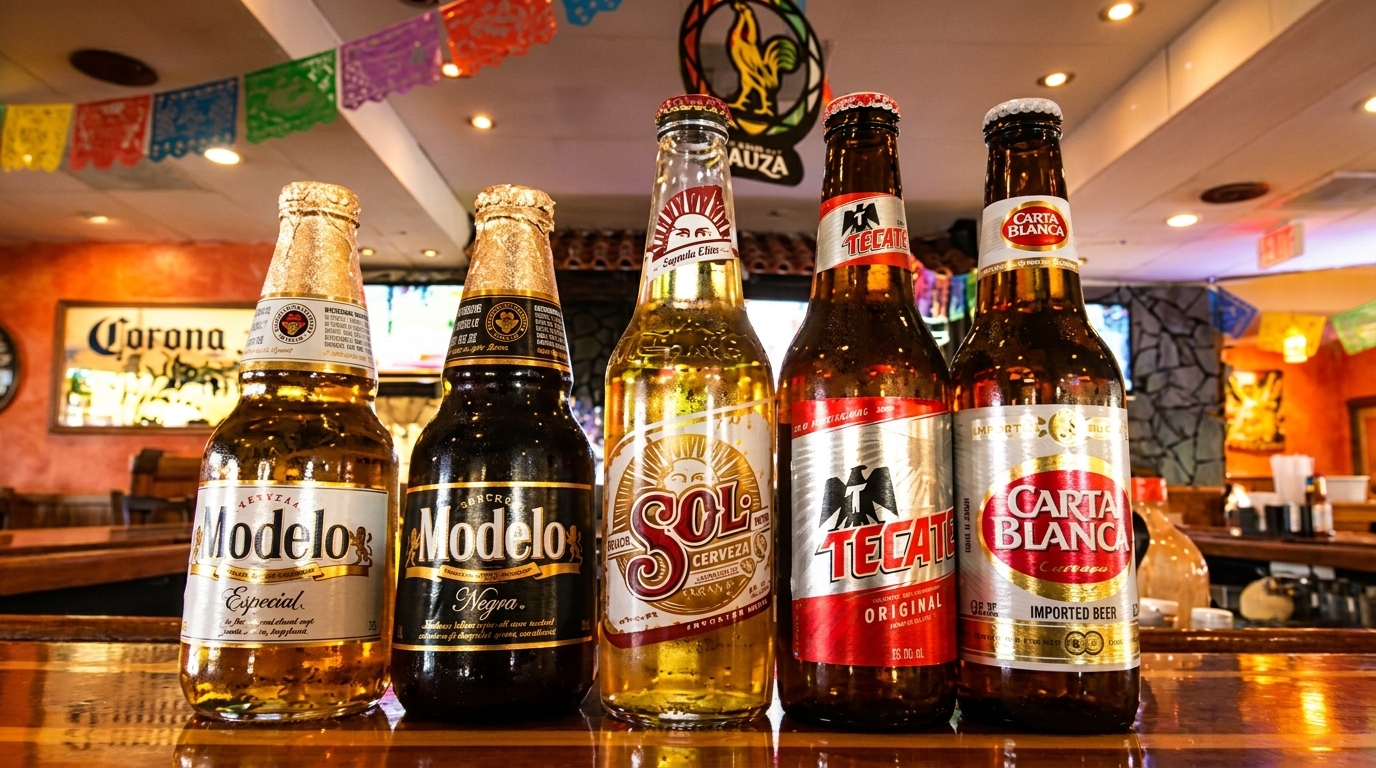 Five Mexican beer bottles, including Modelo, Sol, Tecate, and Carta Blanca, on a bar counter.