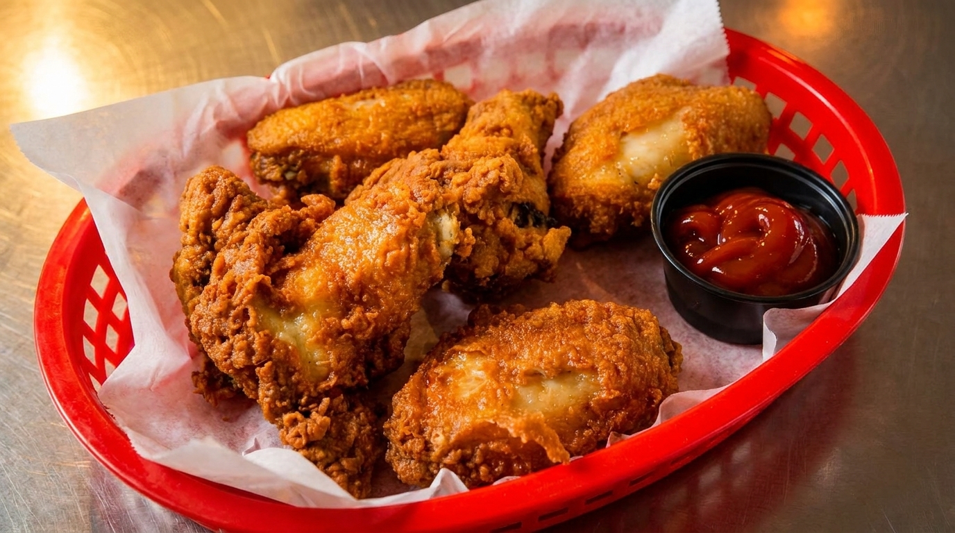 Crispy fried chicken wings in a red basket with a side of ketchup on a metal table.