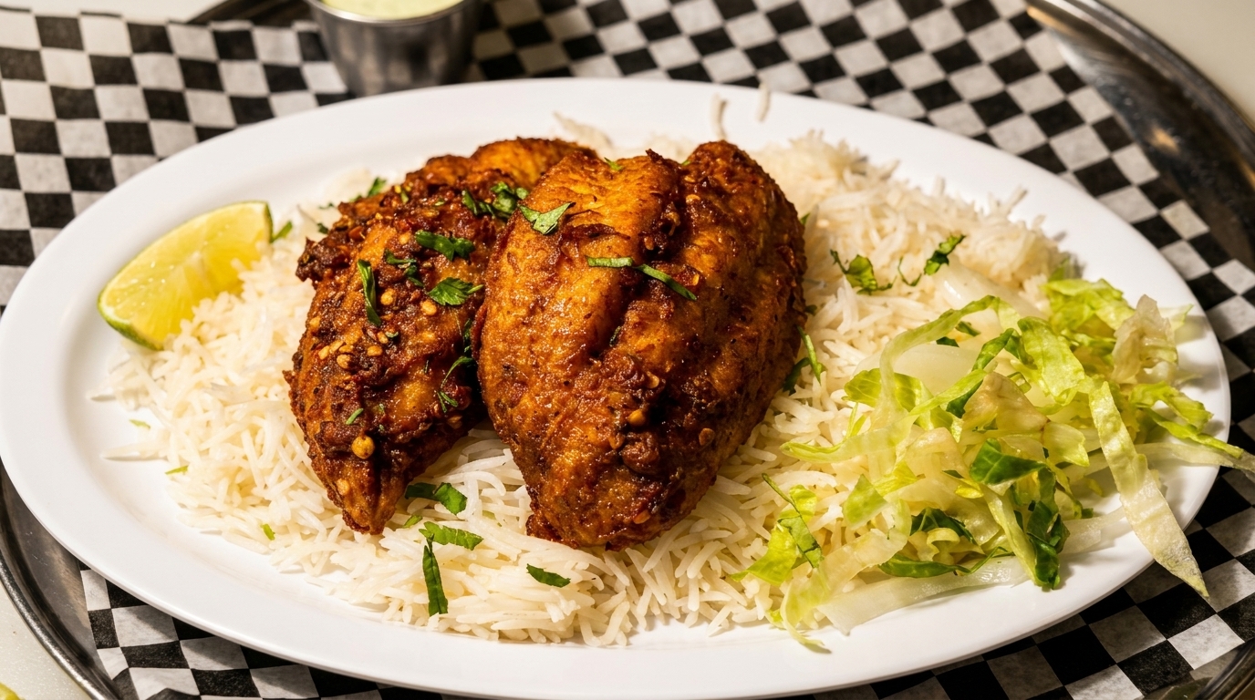 Two pieces of spicy fried fish on a bed of white rice with a side of lettuce and lime.