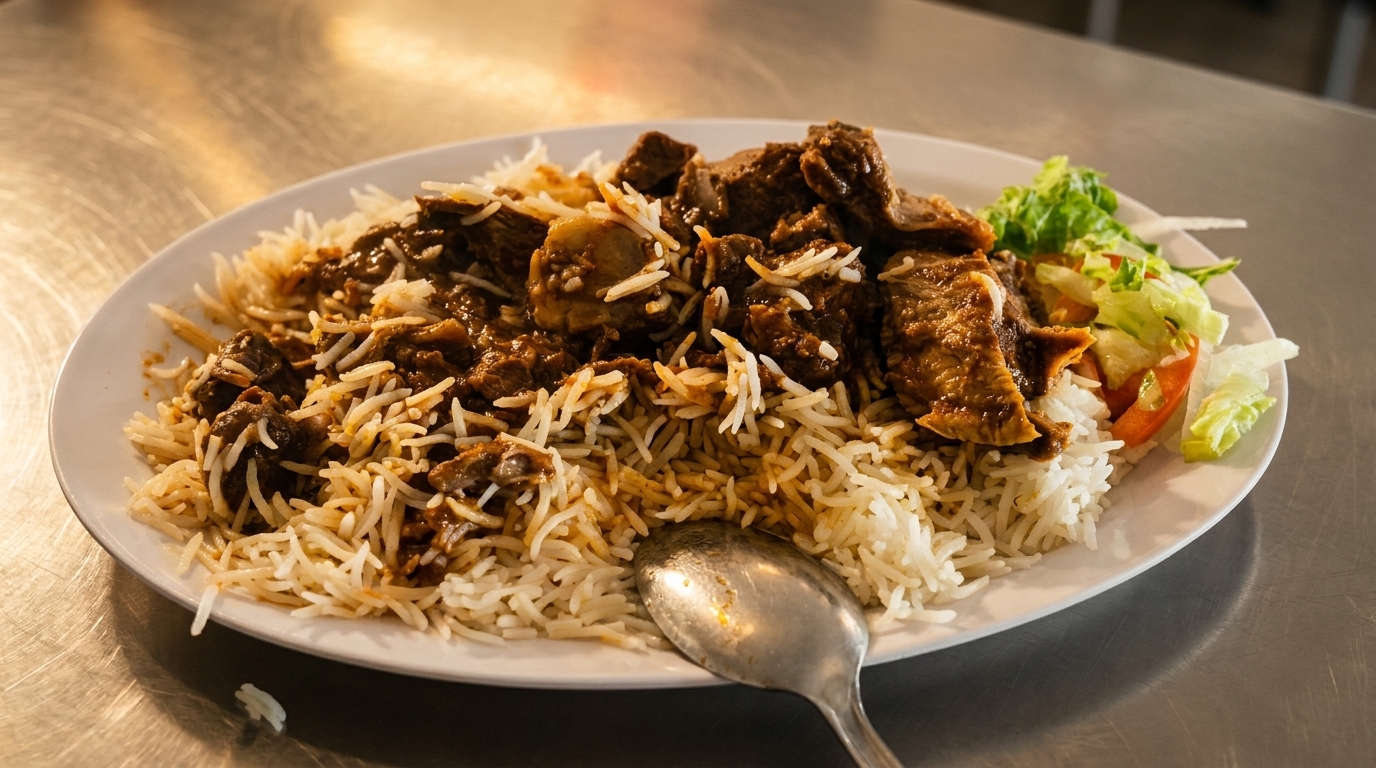 A white plate of biryani with meat, rice, and a side salad on a metal table.