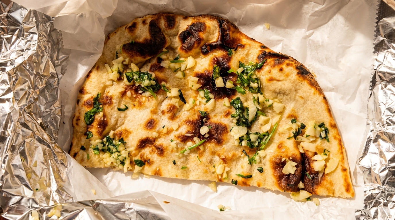 Close-up of a piece of garlic naan bread with herbs, resting on white paper and foil.