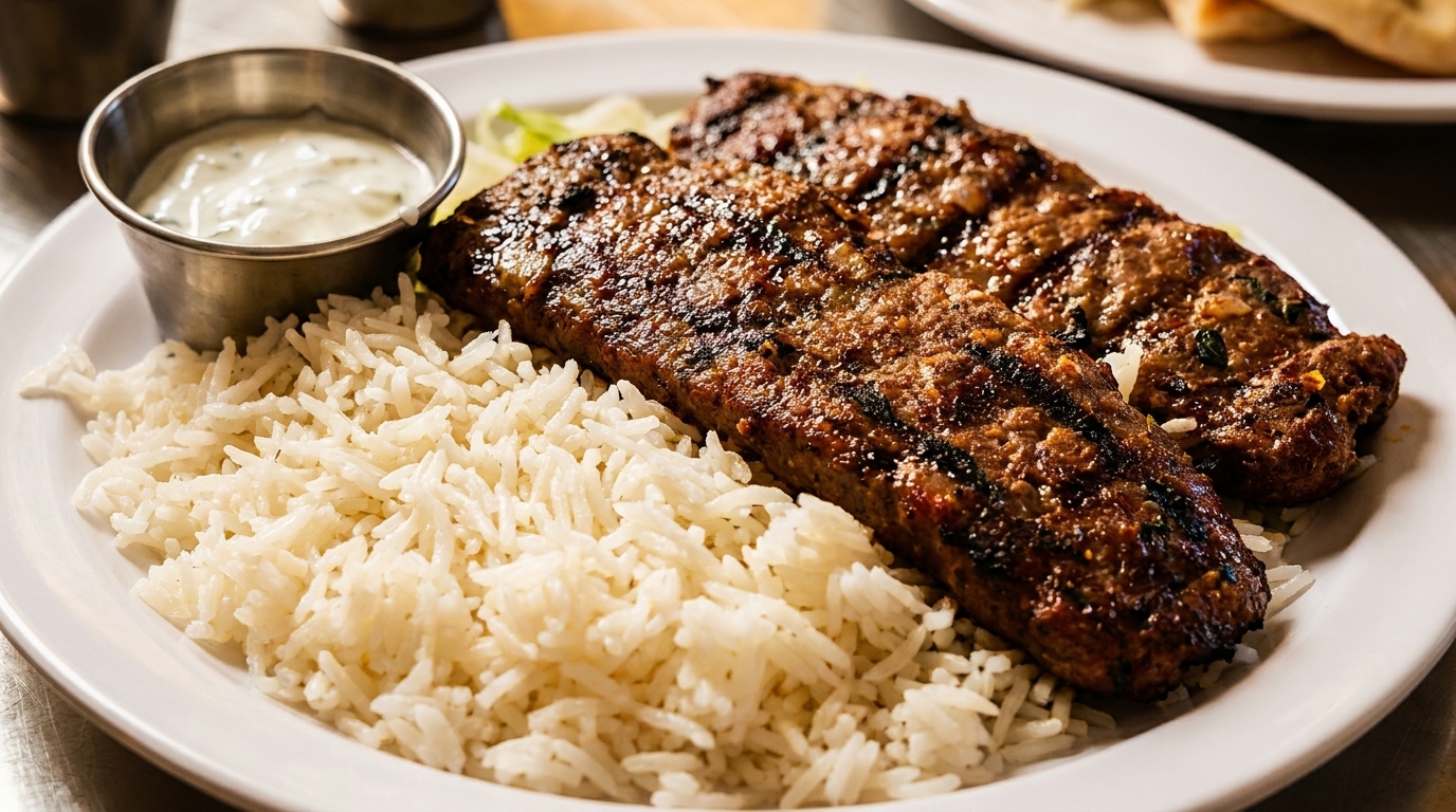 Two grilled meat kebabs with white rice and a side of white sauce on a plate.