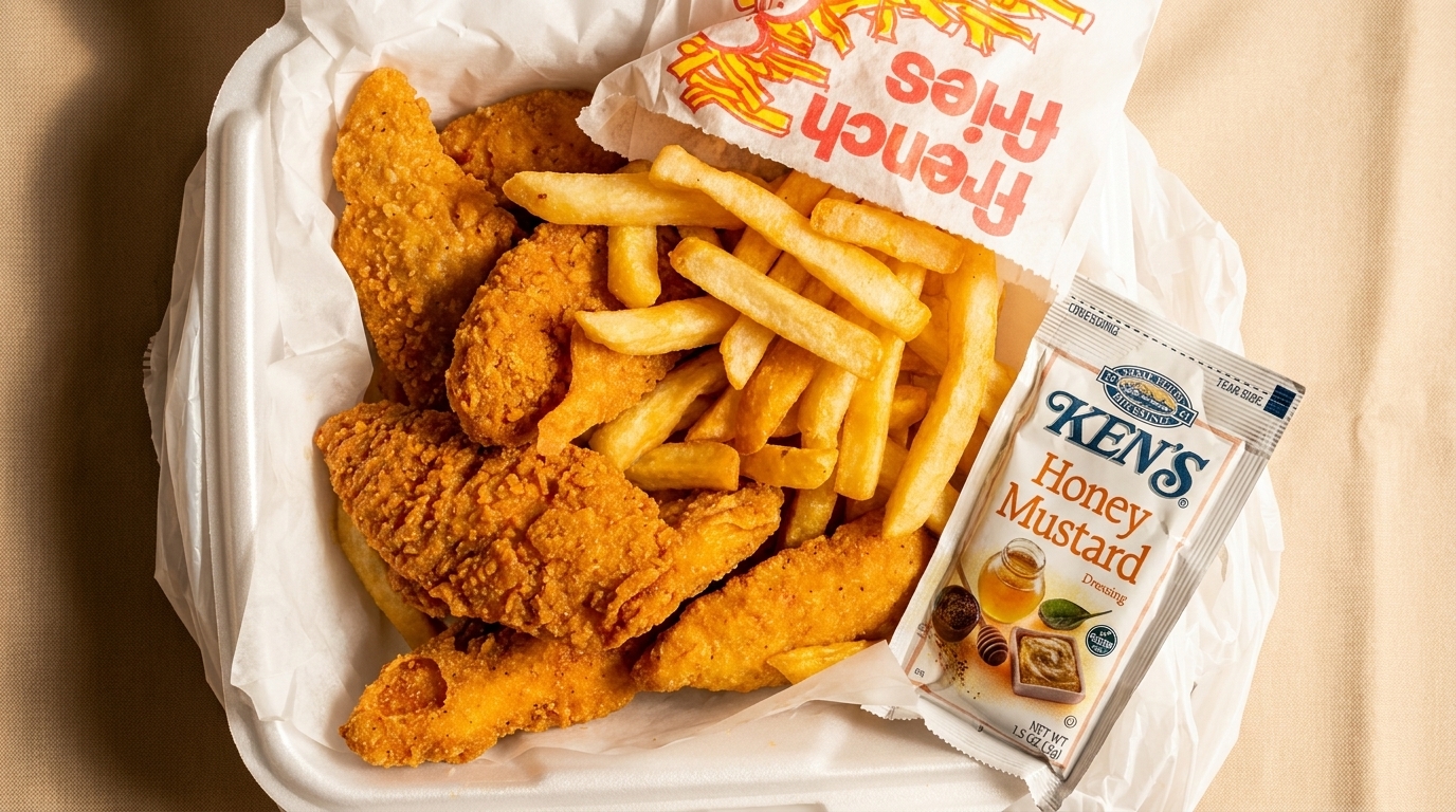 Crispy fried chicken tenders and french fries in a white takeout container with a packet of Ken's Honey Mustard.