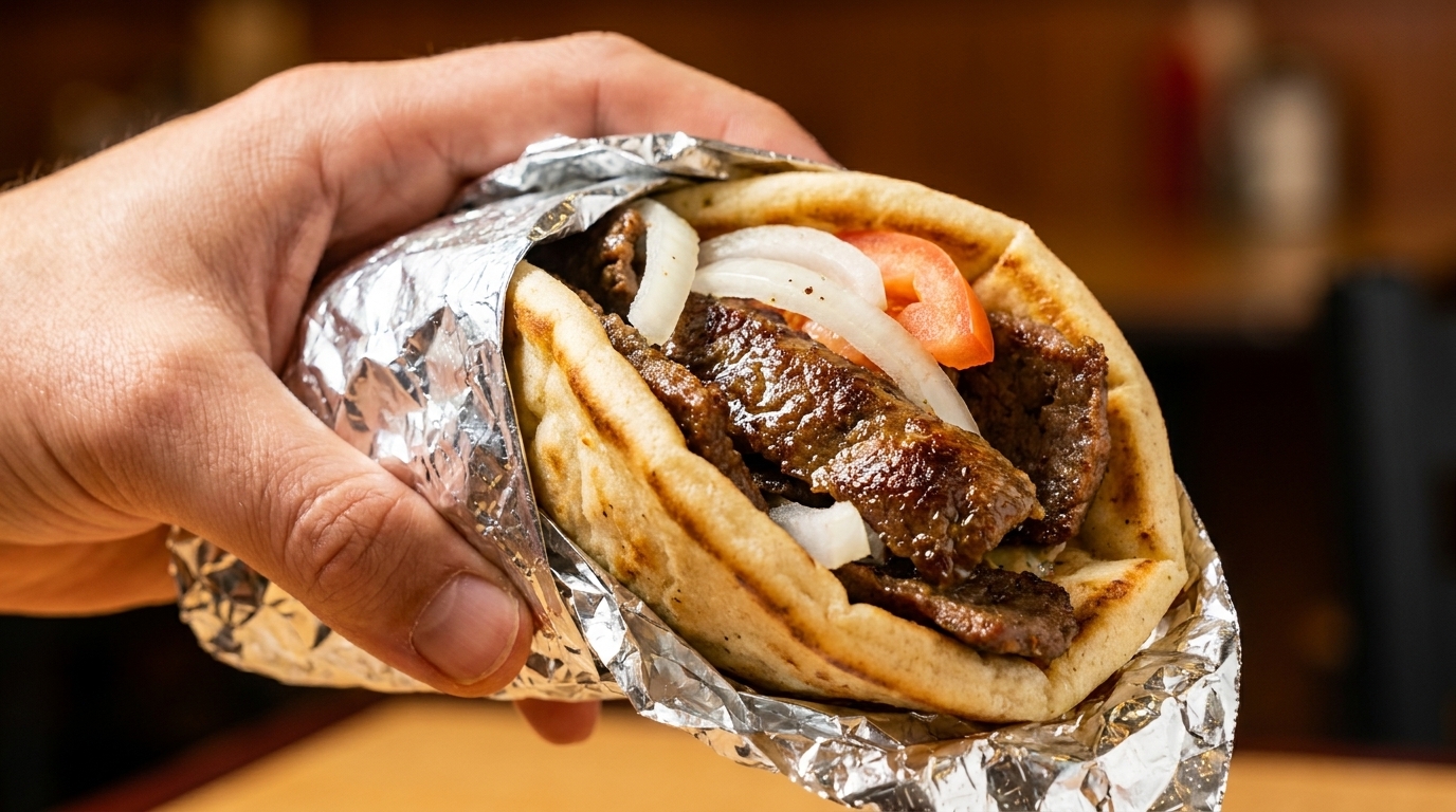 Hand holding a gyro wrapped in foil, filled with meat, onions, and tomatoes.