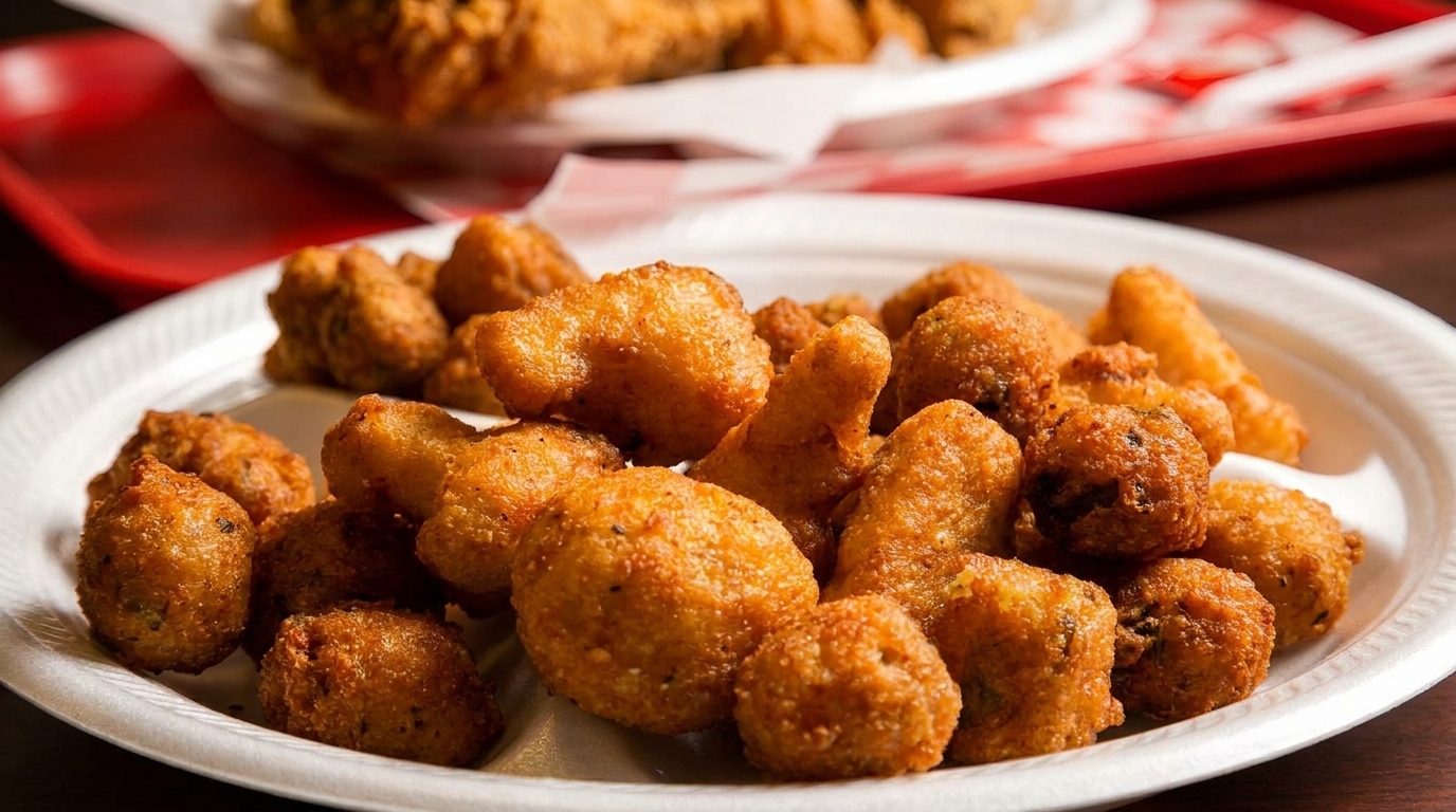 Close-up of a white plate filled with golden-brown fried hush puppies and fried mushrooms.