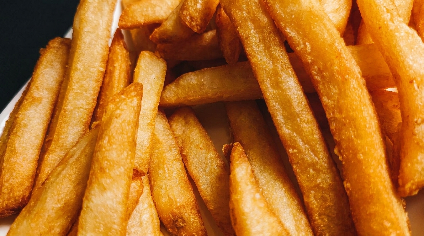 Close-up of golden-brown, crispy french fries piled together on a white plate.