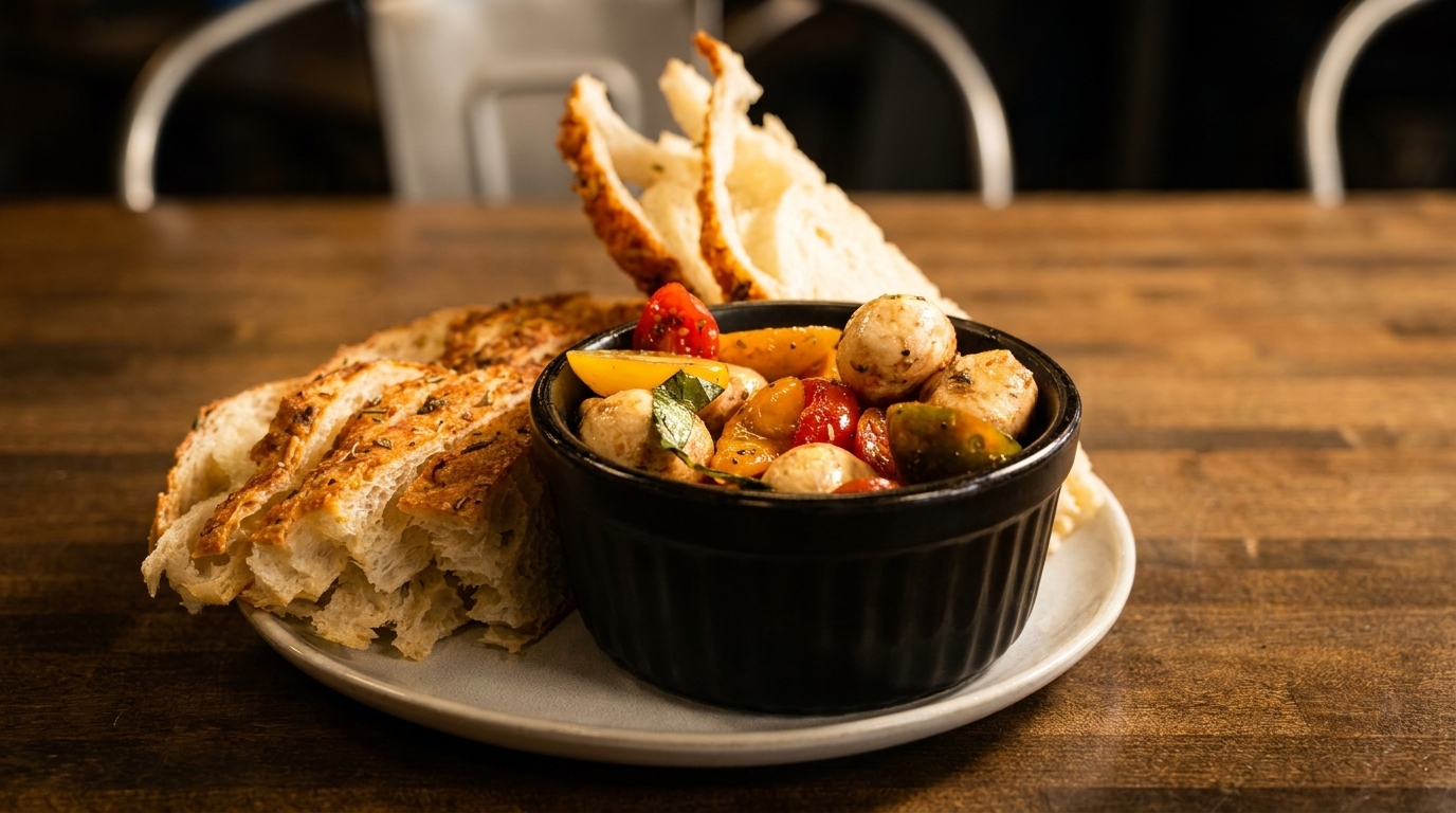 A black bowl of roasted vegetables and mushrooms with sliced focaccia bread on a wooden table.
