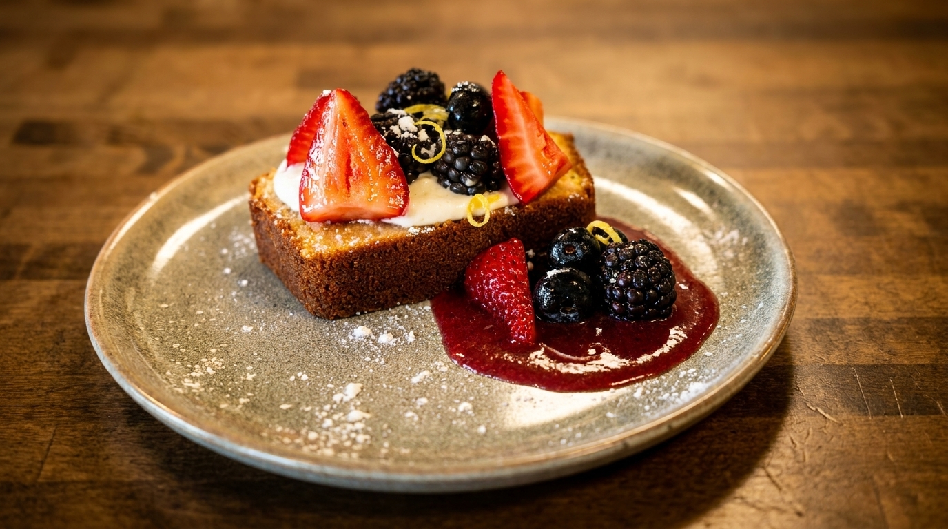 A slice of pound cake topped with strawberries, blackberries, and lemon zest on a plate.