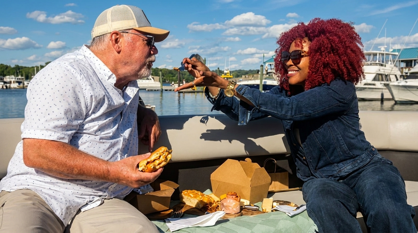 Two people enjoying a picnic on a boat, with food boxes and pastries on a blanket.