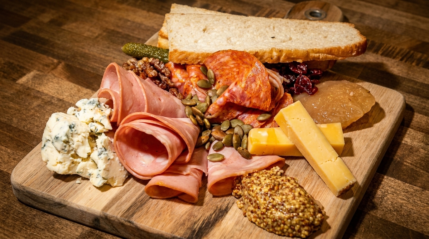A charcuterie board with various meats, cheeses, bread, nuts, and mustard on a wooden table.