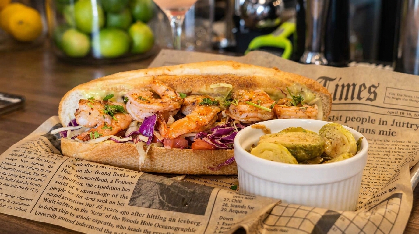 Shrimp po'boy sandwich with red cabbage and a side of roasted Brussels sprouts on newspaper.
