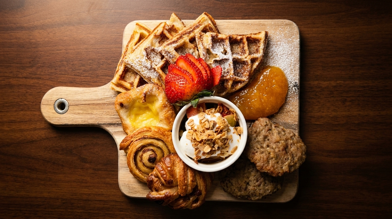 A wooden board with waffles, pastries, strawberries, yogurt parfait, and fruit preserves.