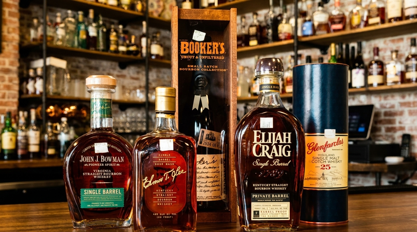A collection of premium bourbon and scotch bottles displayed on a wooden bar counter.