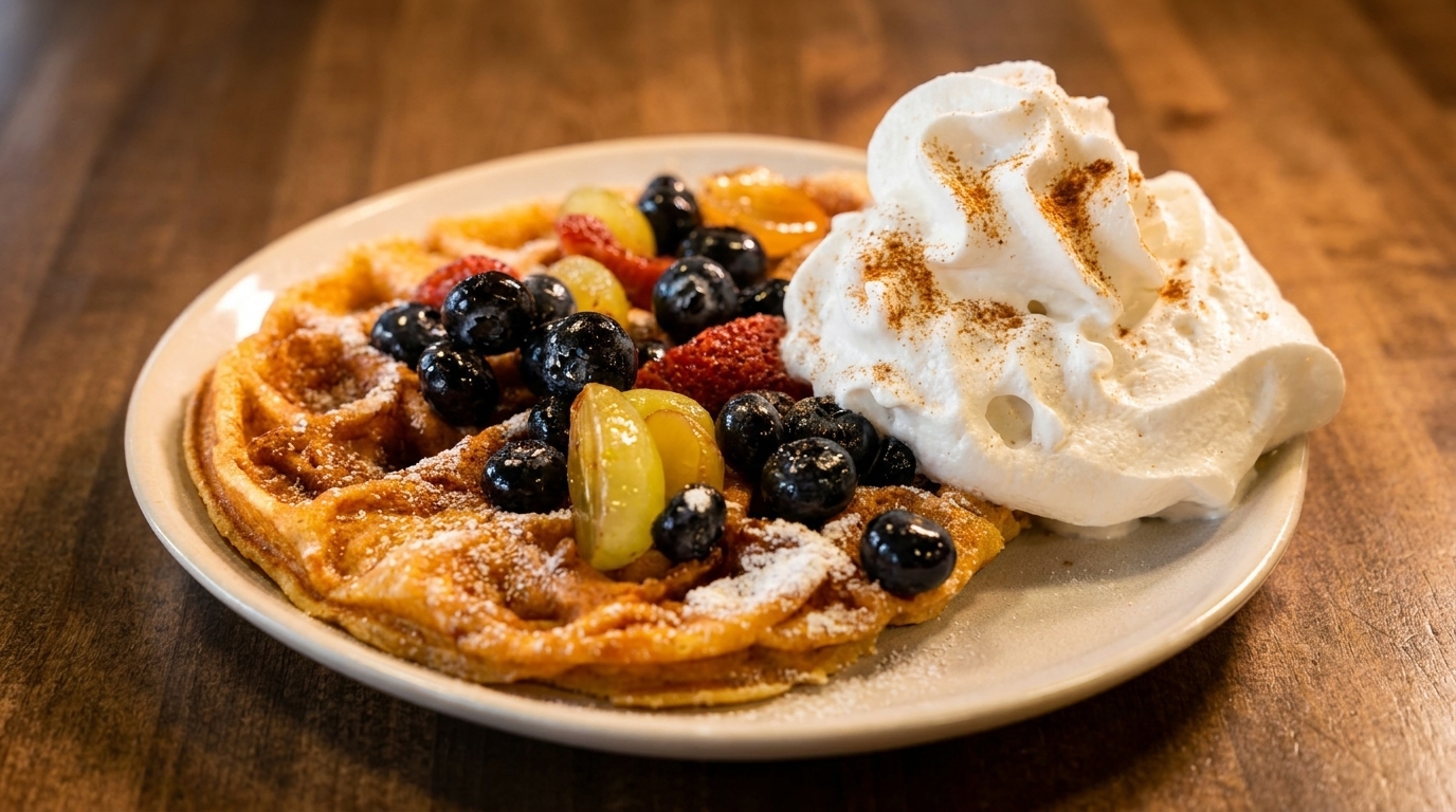 Golden waffle topped with blueberries, grapes, strawberries, powdered sugar, and whipped cream with cinnamon.