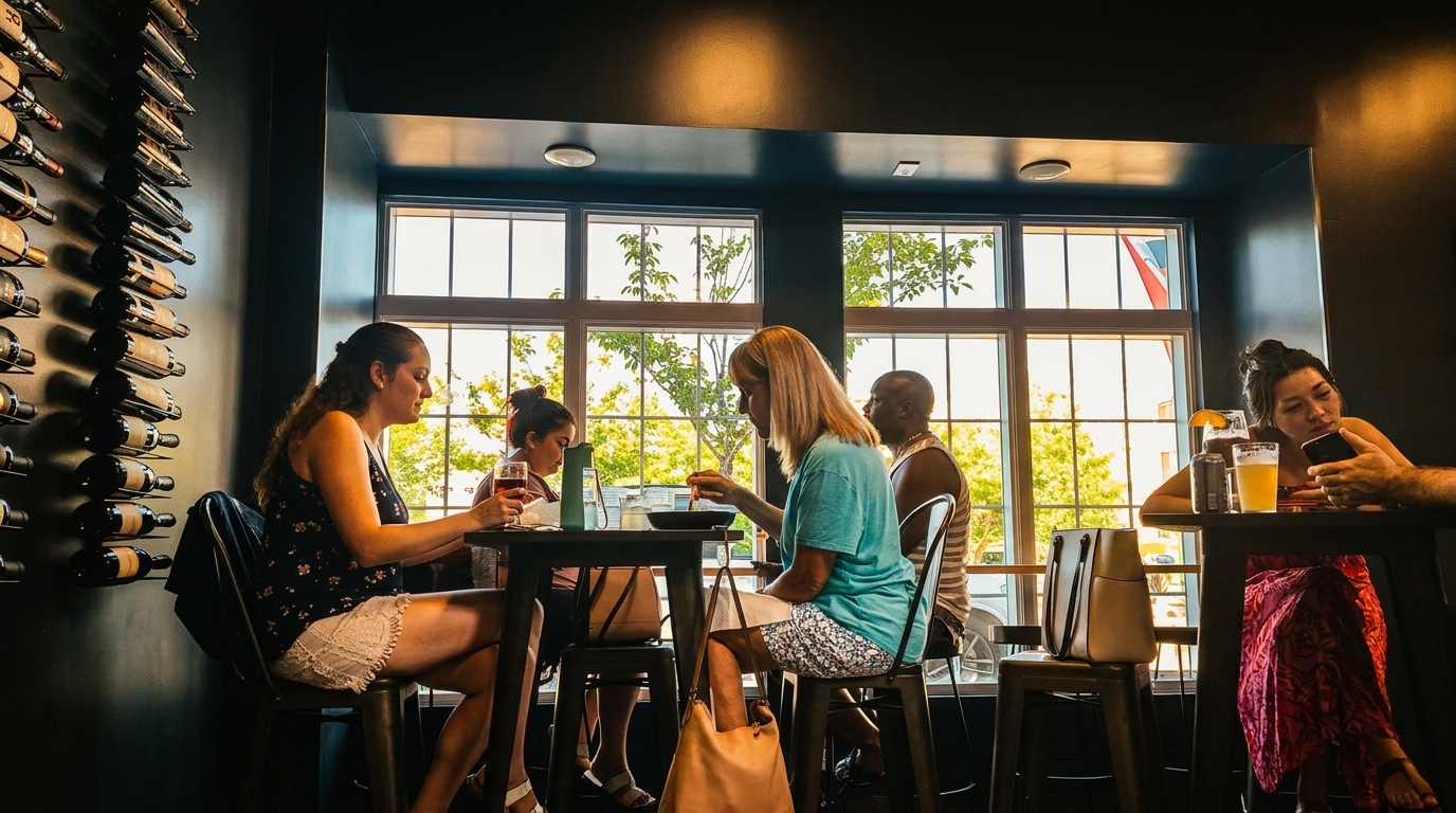 Patrons enjoying drinks and food at tables by a large window in a restaurant with a wine rack.