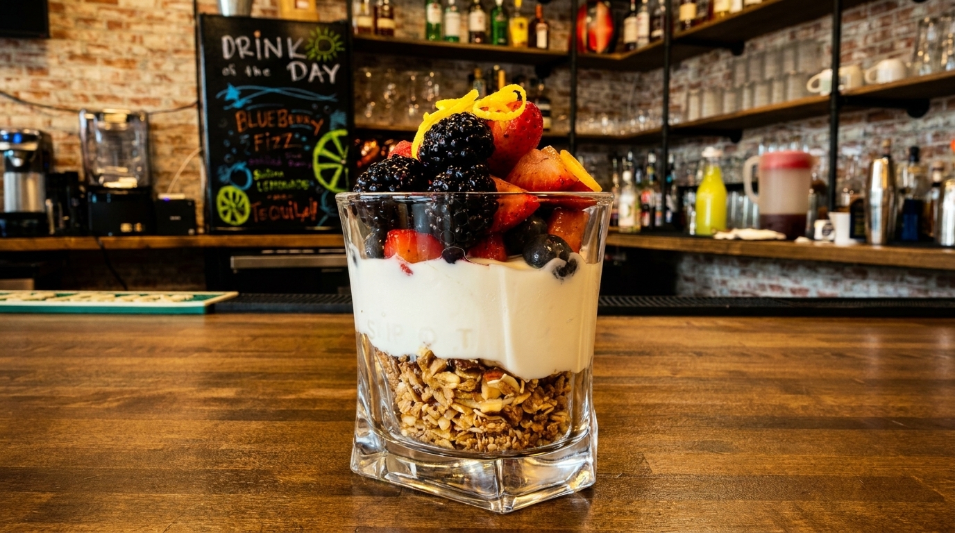 A glass of yogurt parfait with granola and fresh berries on a wooden bar counter.