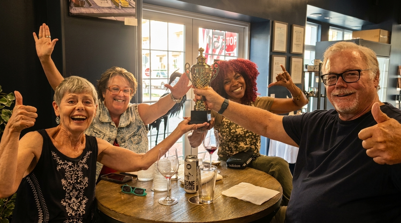 Four happy people celebrating with a trophy, drinks, and thumbs up at a table.