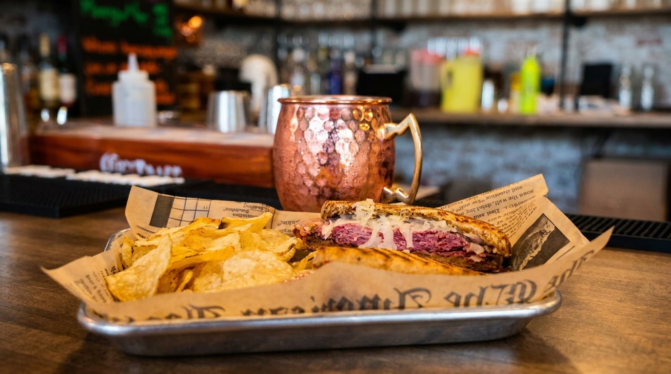 Reuben sandwich with chips in a metal tray, next to a copper mug on a bar.