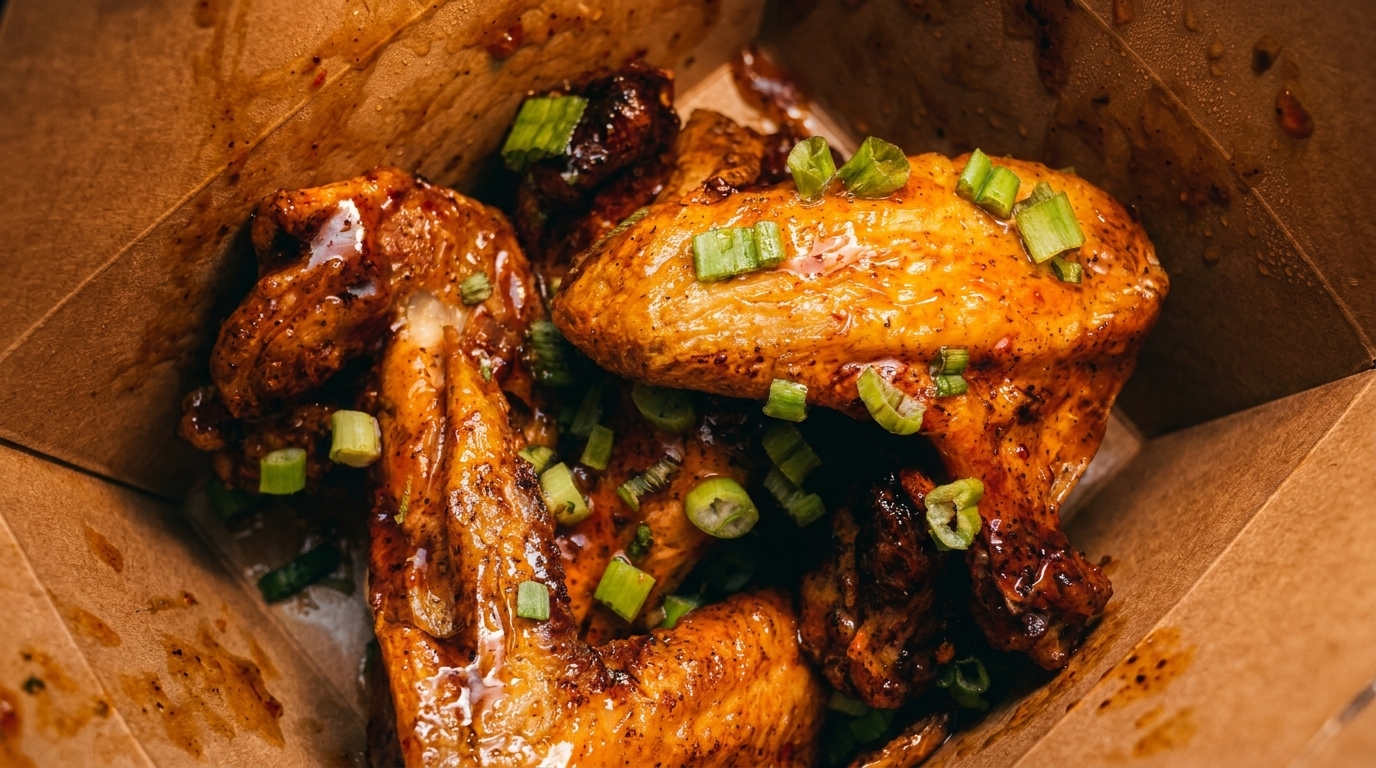 Close-up of golden-brown chicken wings with green onions in a cardboard takeout box.