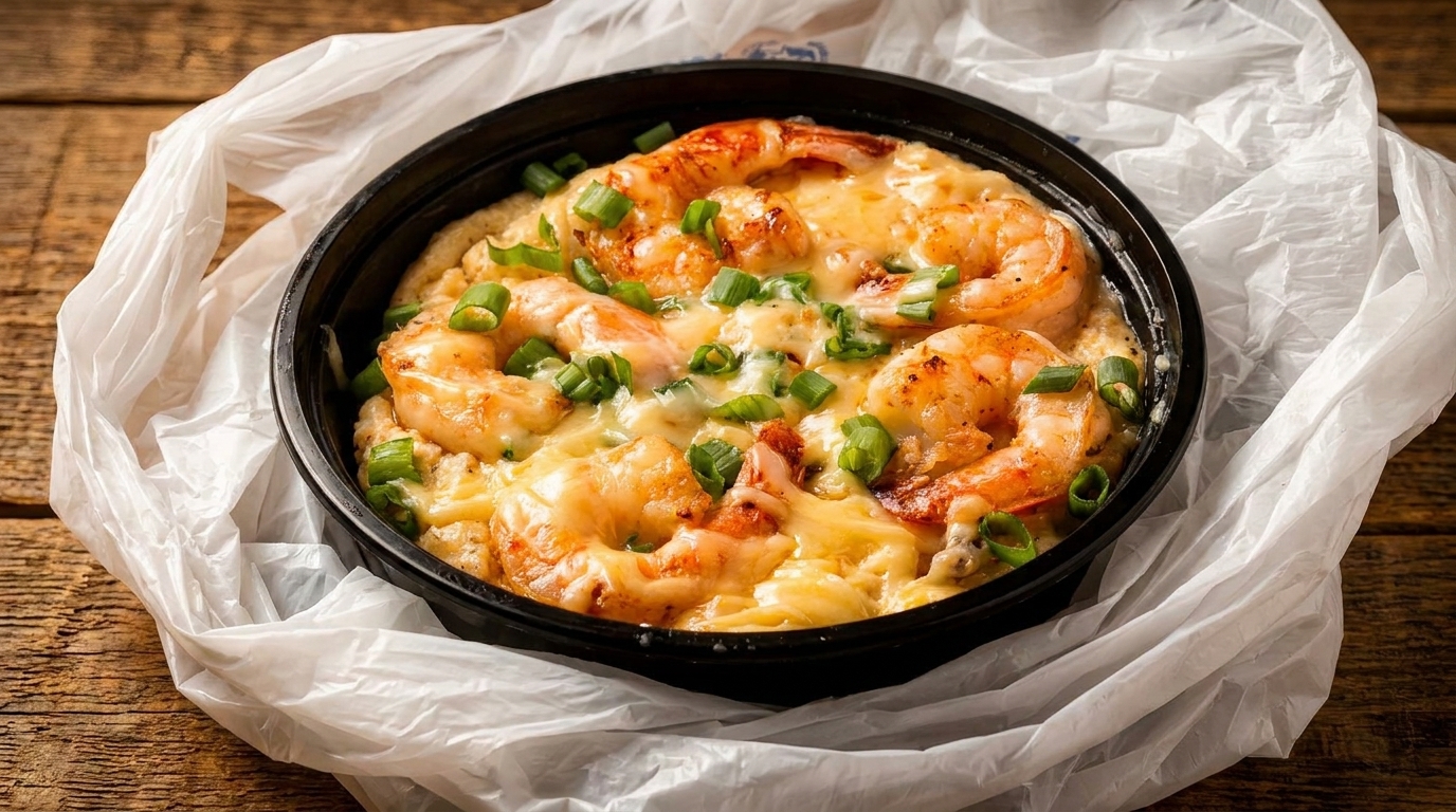 Shrimp and grits with melted cheese and green onions in a black takeout container.