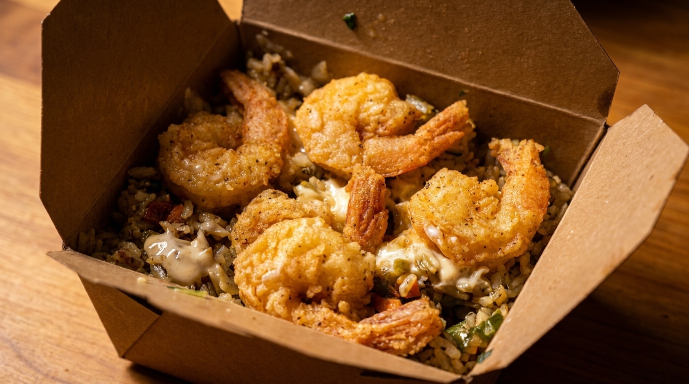 Crispy fried shrimp and rice with sauce in a brown takeout container on a wooden table.