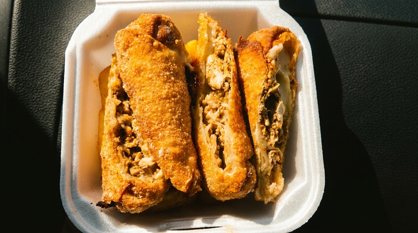 Three golden-brown fried taquitos, one sliced open revealing a savory filling, in a white takeout container.