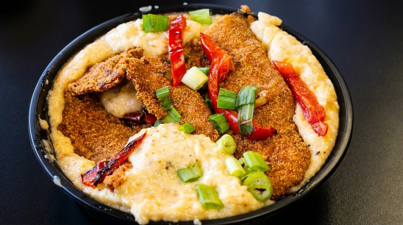 Crispy fried fish fillets and creamy grits topped with red peppers and green onions in a black bowl.