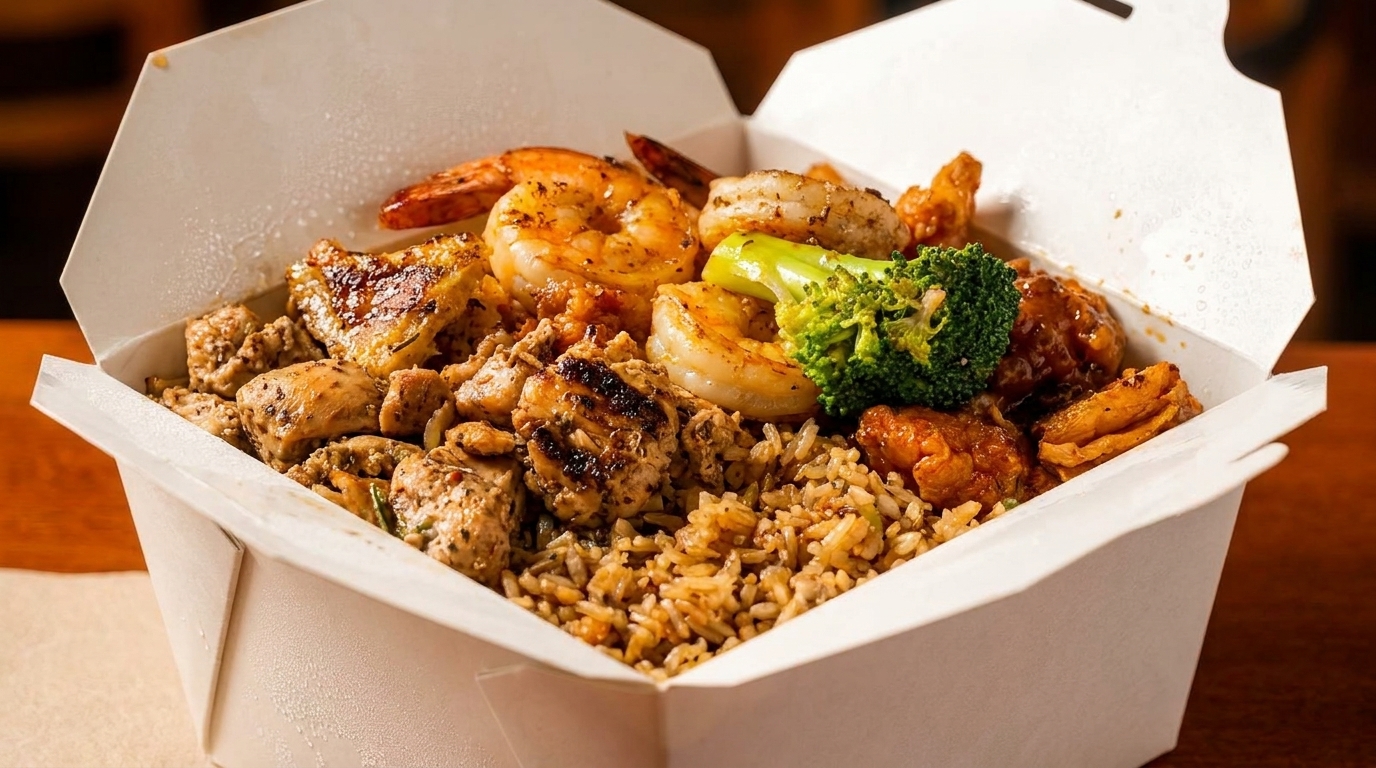 A takeout container filled with fried rice, grilled chicken, shrimp, broccoli, and orange chicken.