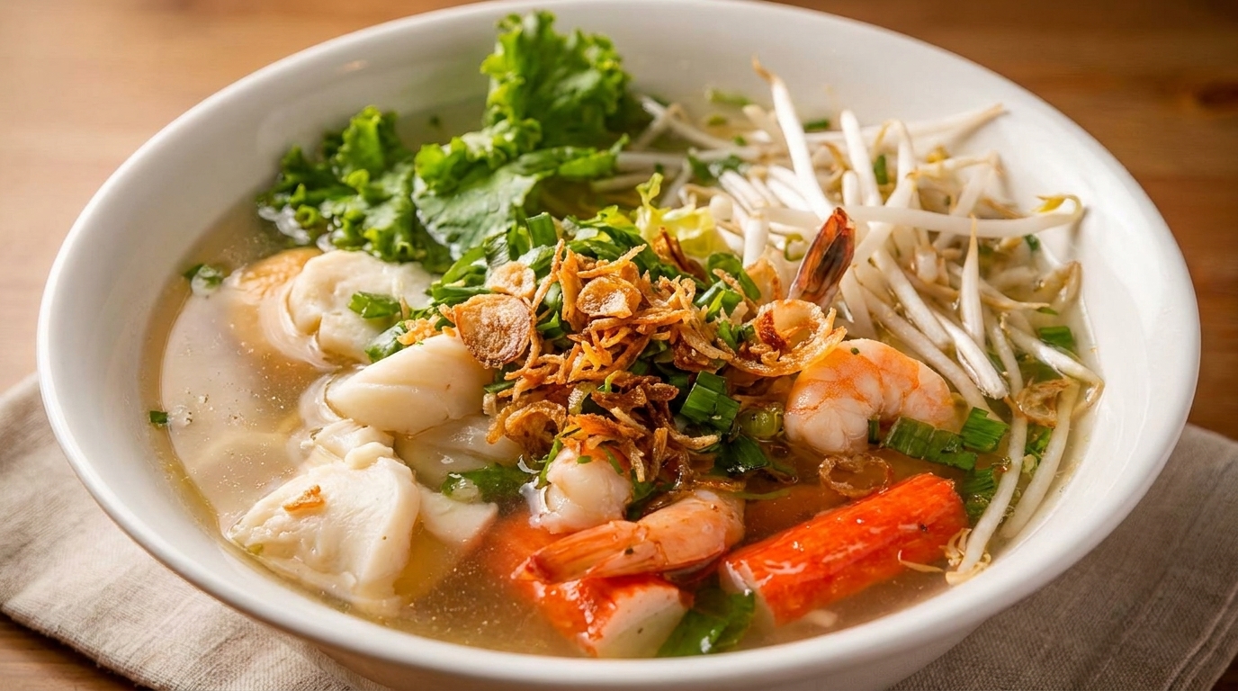 A bowl of Vietnamese hu tieu with shrimp, crab, fish cakes, bean sprouts, and herbs.
