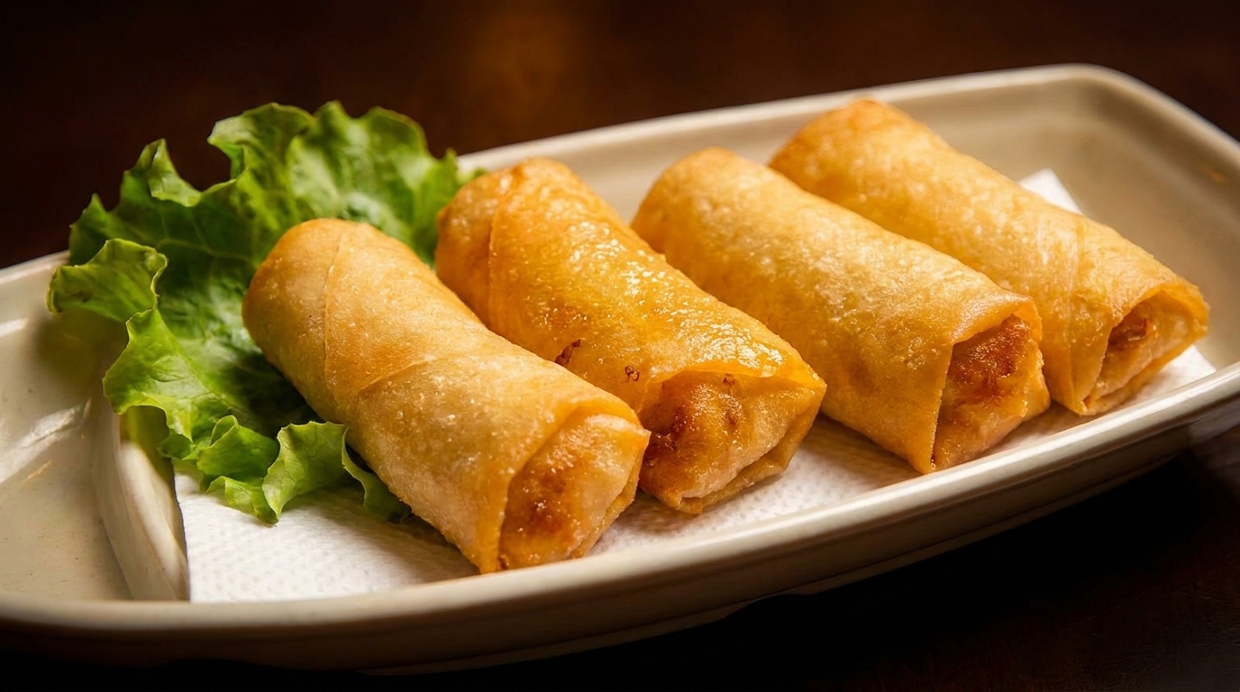 Four golden-brown crispy spring rolls with lettuce on a white rectangular plate.