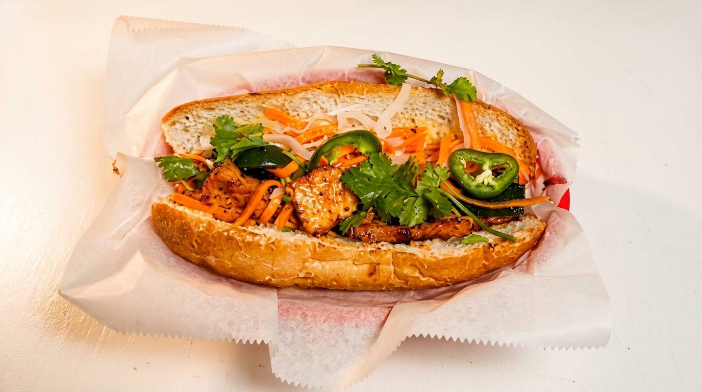 A delicious banh mi sandwich with grilled meat, pickled vegetables, cilantro, and jalapeños.