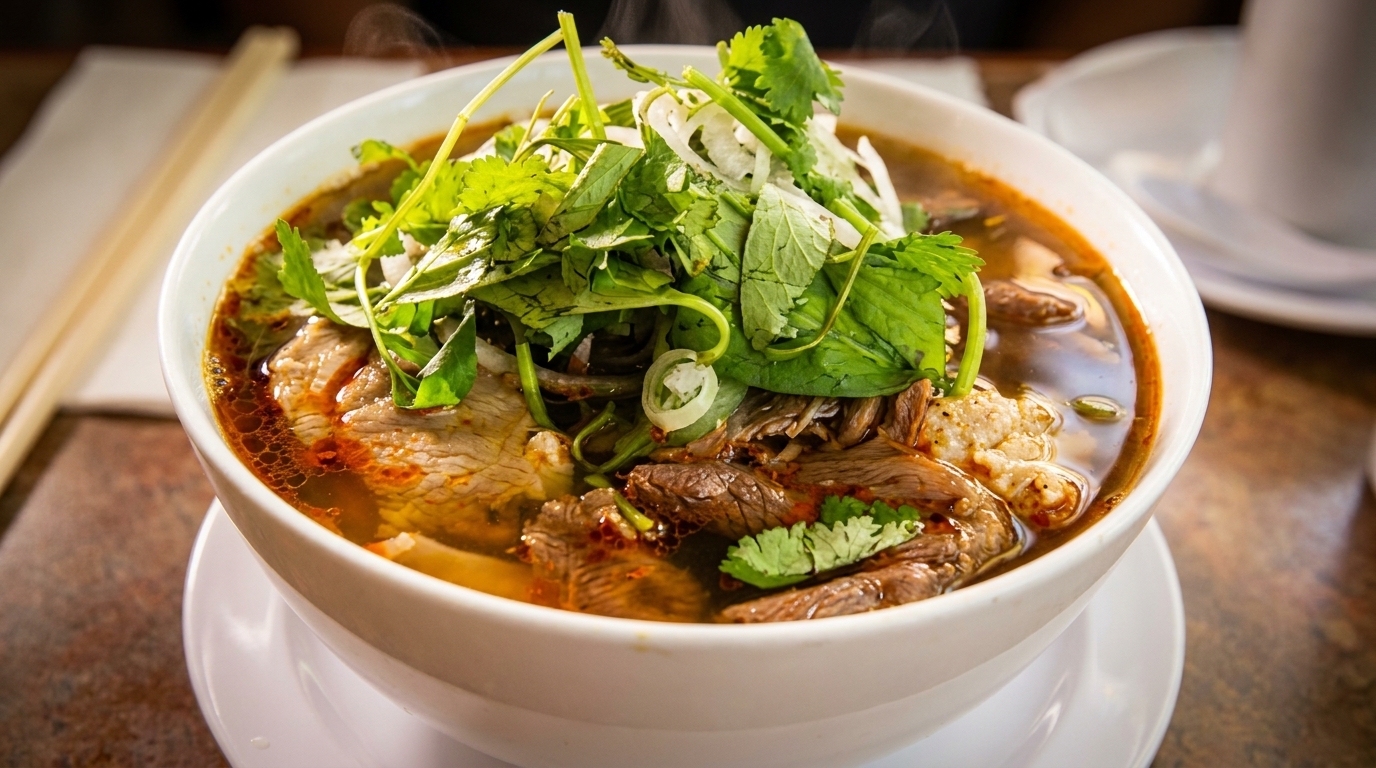Steaming bowl of Vietnamese pho with beef, noodles, and fresh herbs on a wooden table.