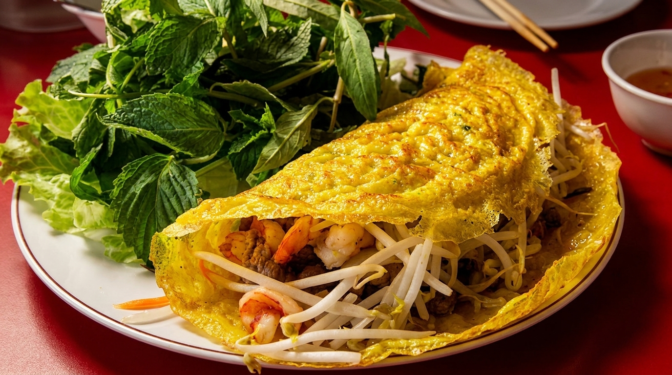 Crispy Vietnamese savory crepe (banh xeo) filled with shrimp, pork, and bean sprouts, served with fresh herbs.