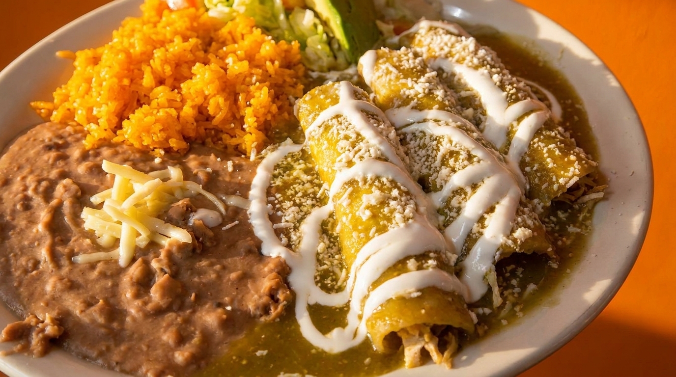 A plate of green enchiladas with rice, refried beans, and a side salad.